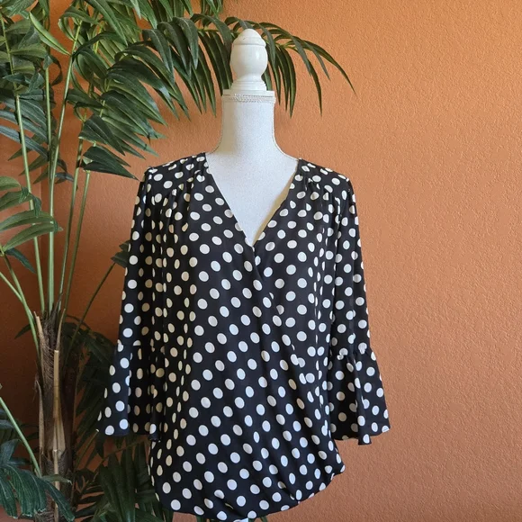 3/$25 INC International Concepts Polka Dot Blouse Black White XL Ruffle Sleeve - Picture 1 of 10